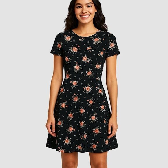 H&M Divided Floral Fit & Flare Mini Dress Black Pink Roses Size 4 - Picture 1 of 11